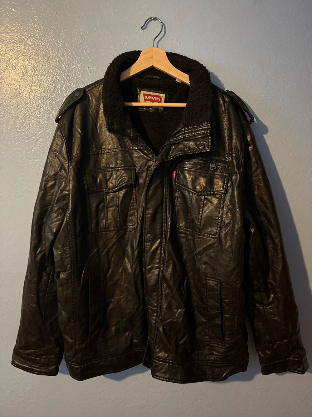 Levi's Black Leather Bomber Jacket with Sherpa Collar